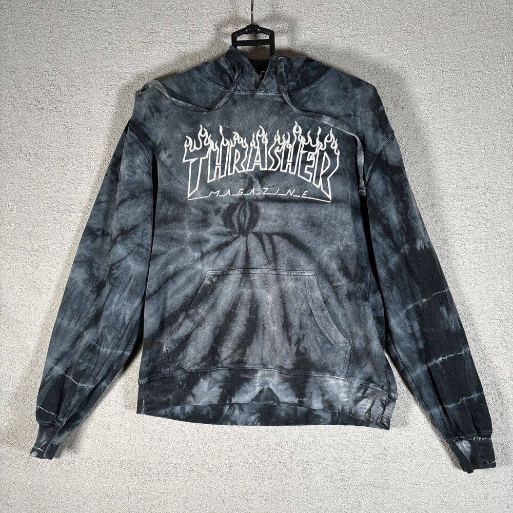 Thrasher Men's Size Small Hoodie Tie Dye Blue Grey White Logo Silver Flame Skate